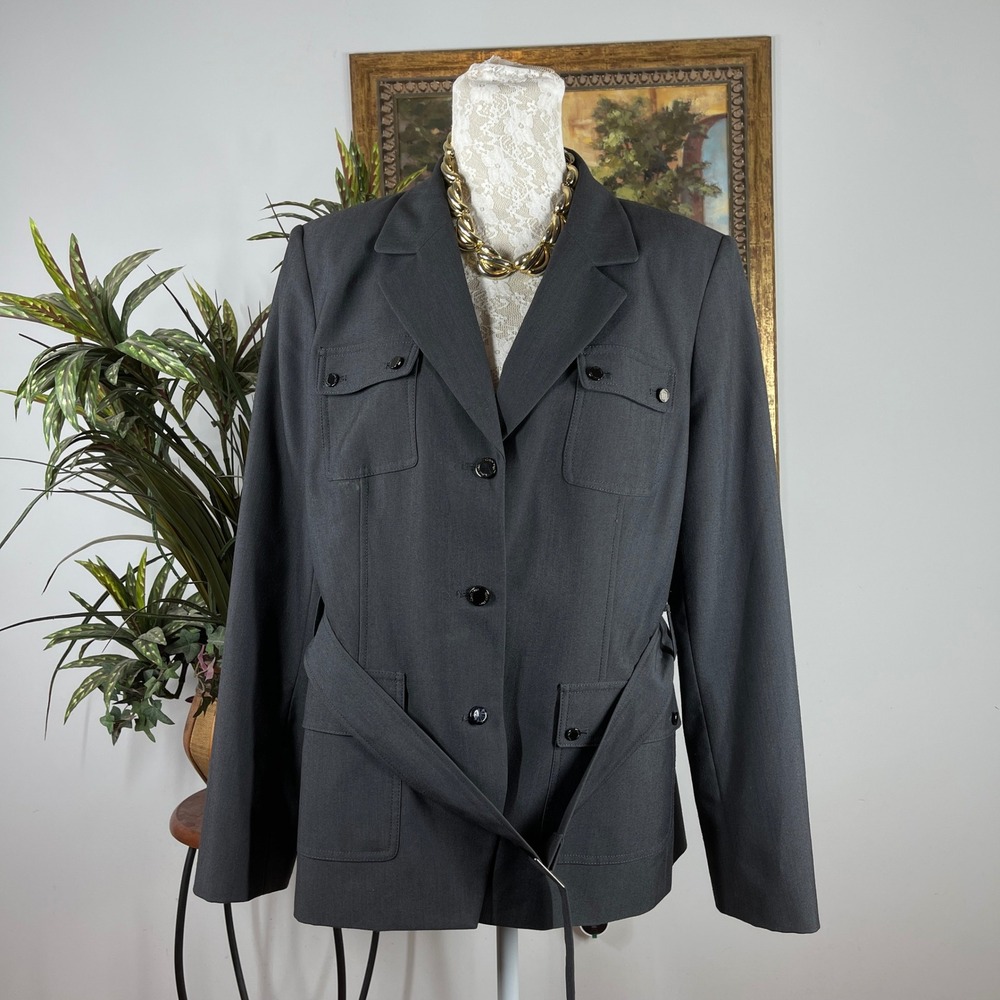 Calvin Klein Safari Jacket Women 14 Gray Poly Rayon Belted Utility Blazer